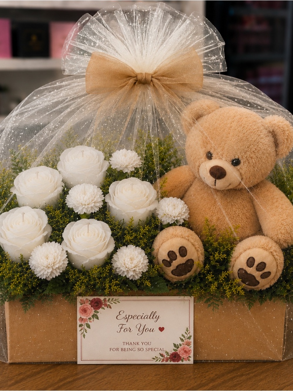 Beige Teddy Bear & White Rose Gift Arrangement -it’s soy wax candle bouquet